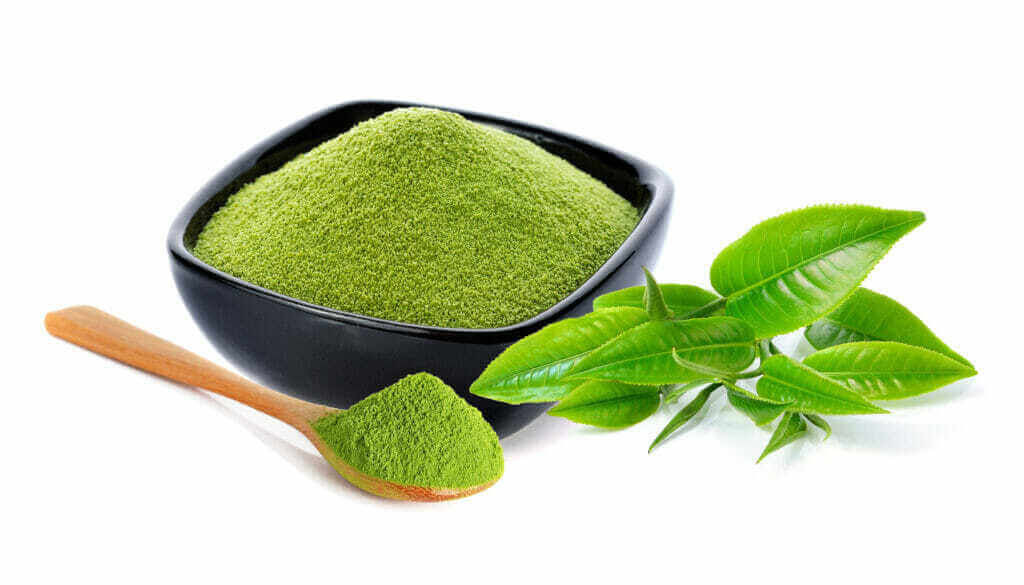 powder green tea green tea leaf isolated white