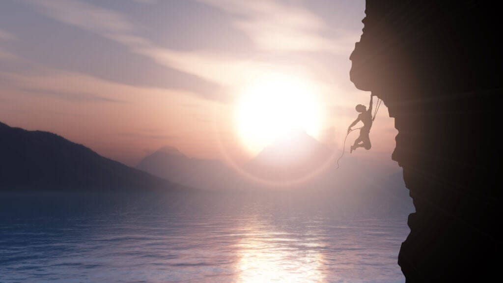 3d silhouette extreme rock climber against sunset ocean landscape