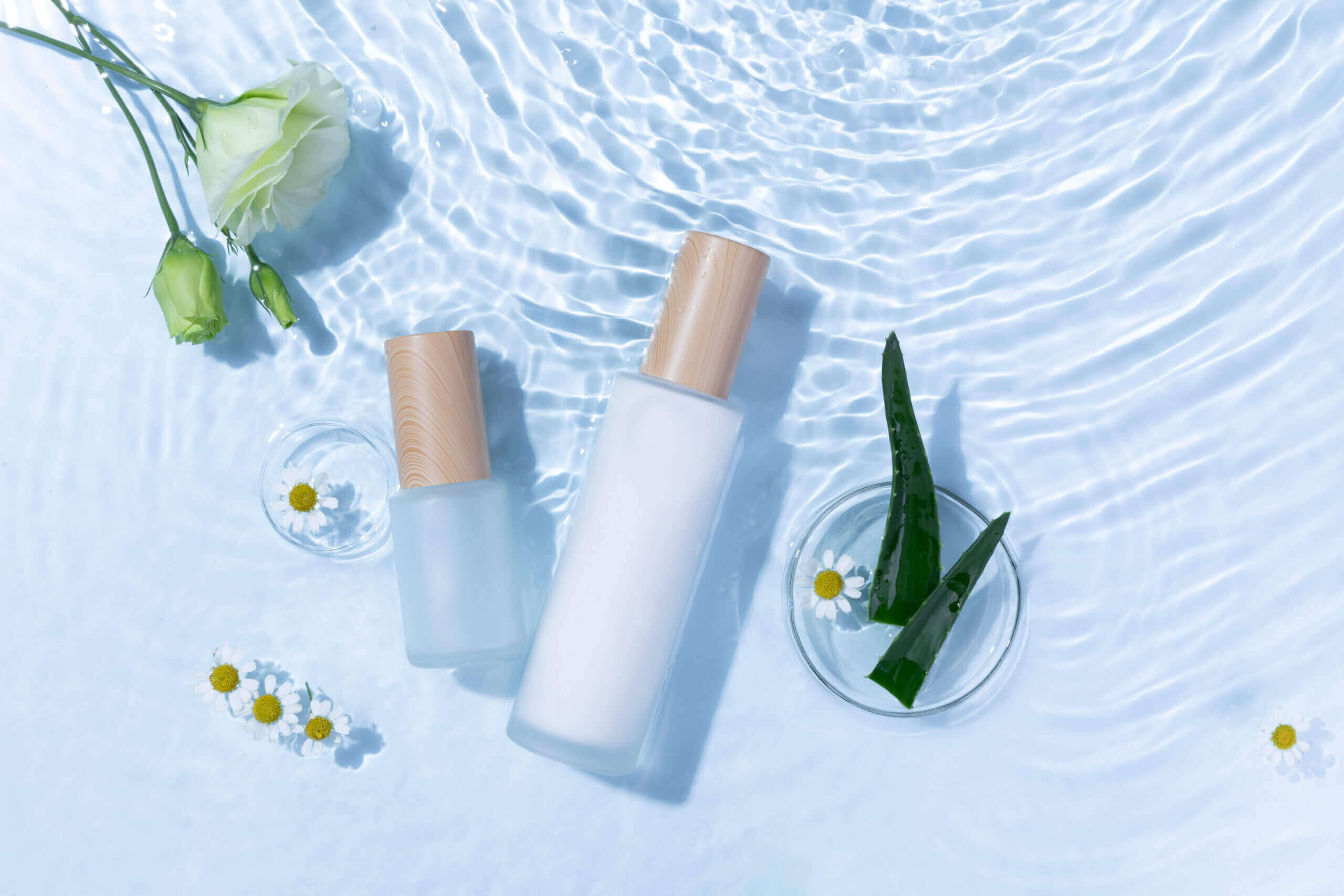 Jak poznat přírodní kosmetiku top view skincare bottles light blue water surface with aloe vera daisy flowers scaled