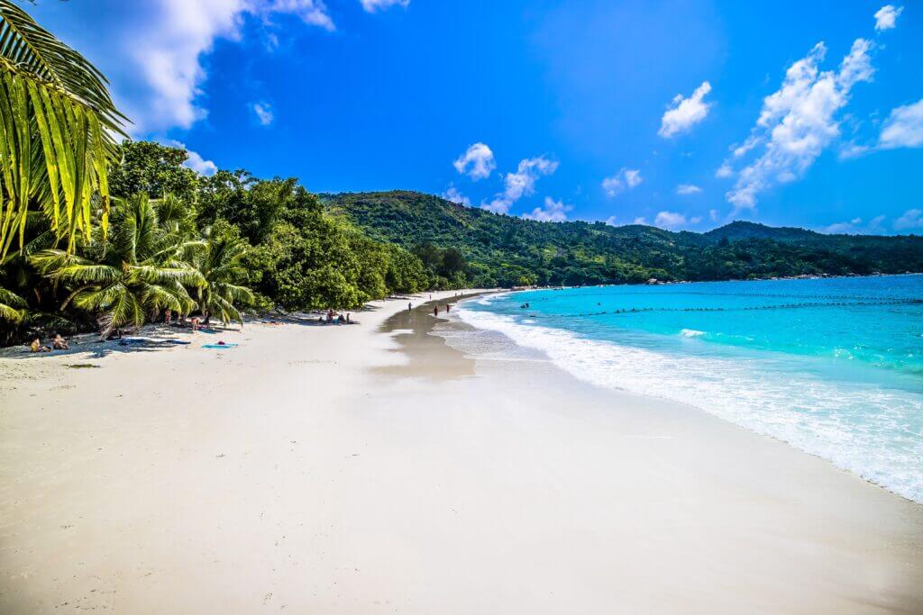beach surrounded by sea greenery sunlight blue sky praslin seychelles